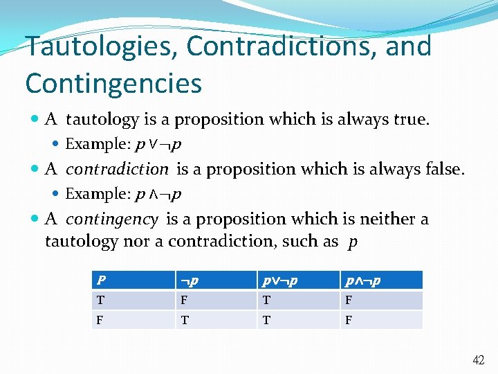 Tautologies, Contradictions, and Contingencies A tautology is a proposition which is always true. Example: