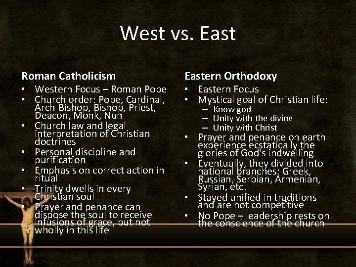West vs. East Roman Catholicism • Western Focus – Roman Pope • Church order: