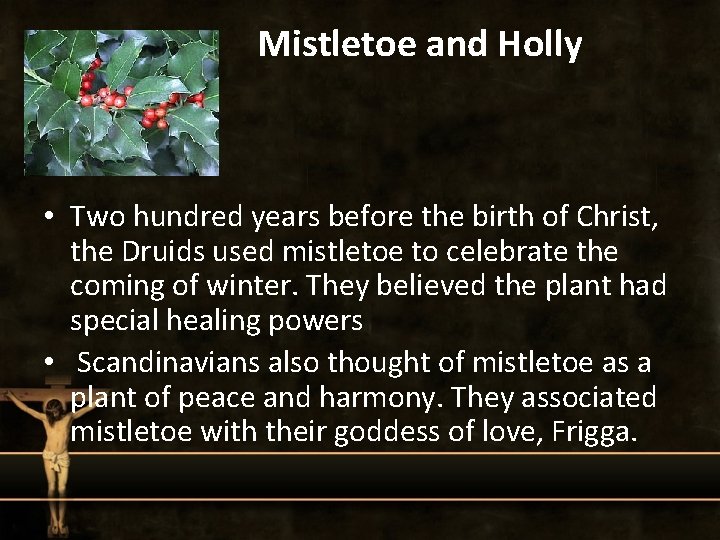 Mistletoe and Holly • Two hundred years before the birth of Christ, the Druids
