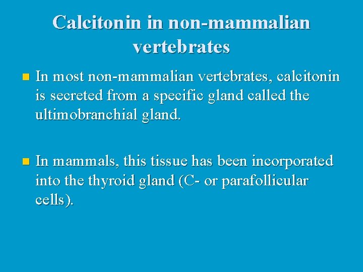 Calcitonin in non-mammalian vertebrates n In most non-mammalian vertebrates, calcitonin is secreted from a