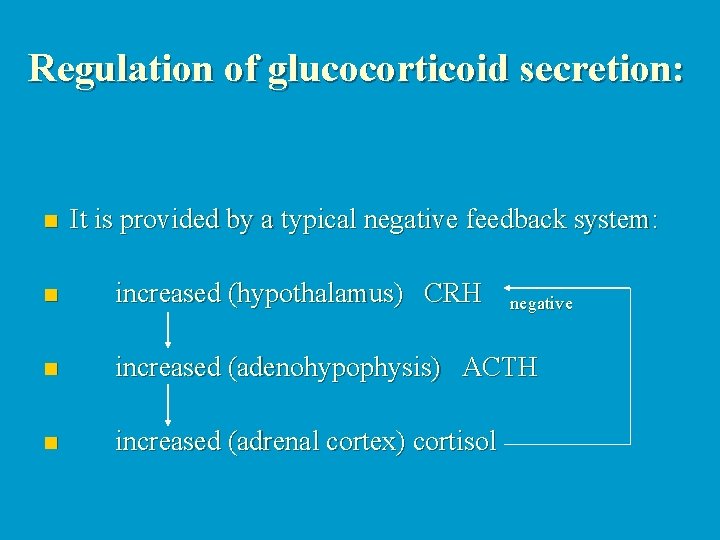 Regulation of glucocorticoid secretion: n It is provided by a typical negative feedback system: