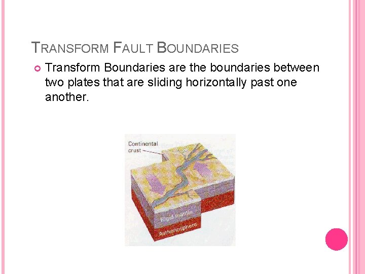 TRANSFORM FAULT BOUNDARIES Transform Boundaries are the boundaries between two plates that are sliding