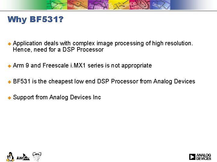 Why BF 531? u Application deals with complex image processing of high resolution. Hence,