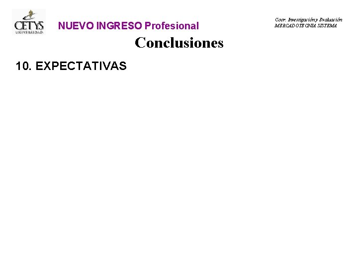 NUEVO INGRESO Profesional Conclusiones 10. EXPECTATIVAS Coor. Investigación y Evaluación MERCADOTECNIA SISTEMA 