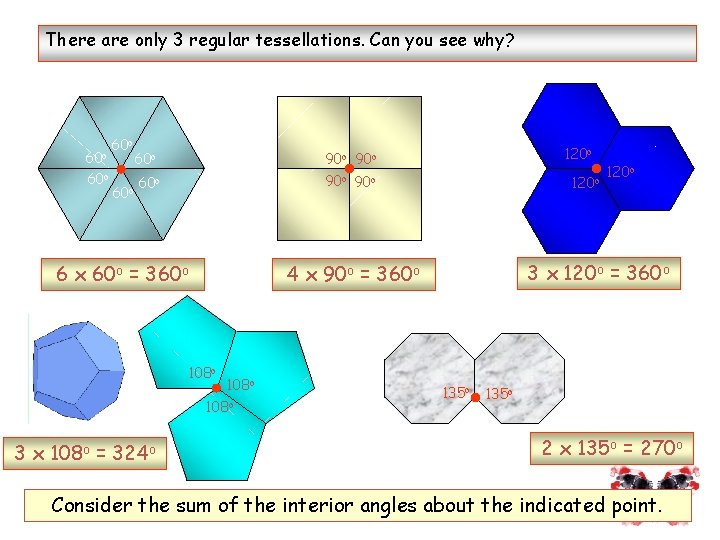 There are only 3 regular tessellations. Can you see why? 60 o 60 o
