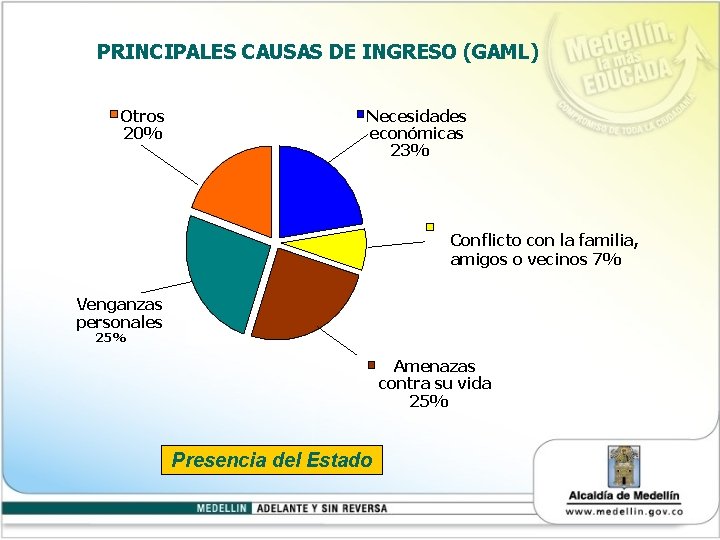 PRINCIPALES CAUSAS DE INGRESO (GAML) Otros 20% Necesidades económicas 23% Conflicto con la familia,