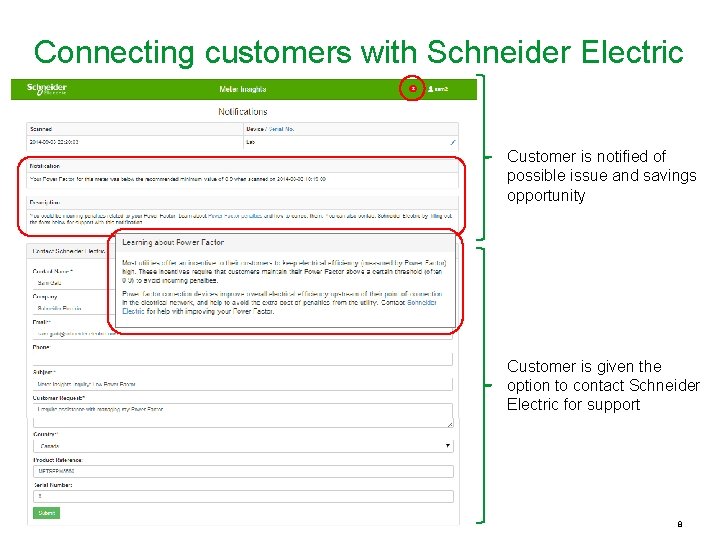 Connecting customers with Schneider Electric Customer is notified of possible issue and savings opportunity