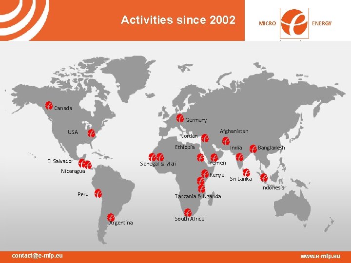 Activities since 2002 MICRO ENERGY international Canada Germany USA Jordan Afghanistan Ethiopia El Salvador Activities since 2002 MICRO ENERGY international Canada Germany USA Jordan Afghanistan Ethiopia El Salvador