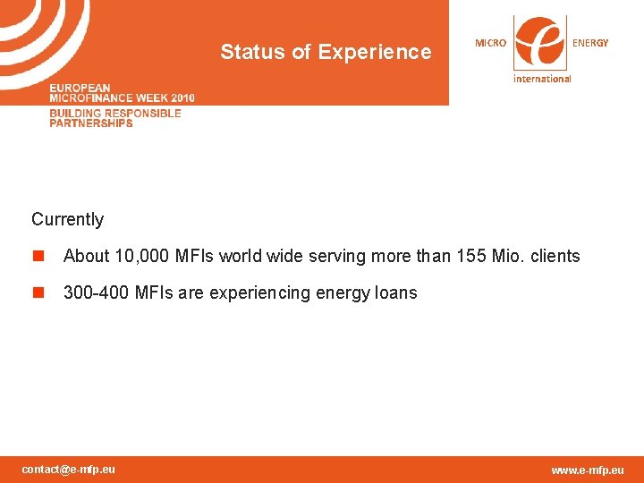Status of Experience MICRO ENERGY international Currently n About 10, 000 MFIs world wide Status of Experience MICRO ENERGY international Currently n About 10, 000 MFIs world wide