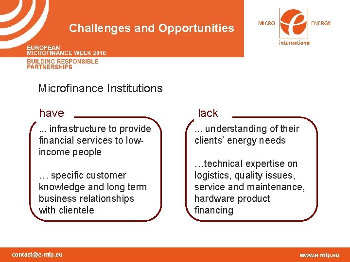 Challenges and Opportunities MICRO ENERGY international Microfinance Institutions have. . . infrastructure to provide Challenges and Opportunities MICRO ENERGY international Microfinance Institutions have. . . infrastructure to provide