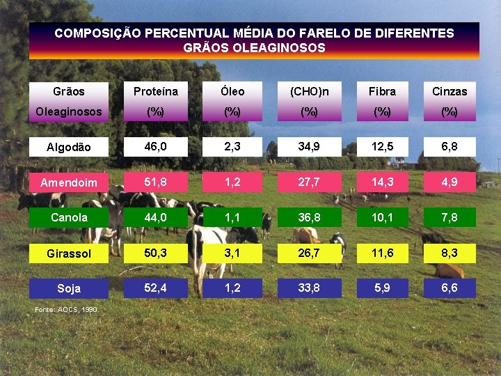 COMPOSIÇÃO PERCENTUAL MÉDIA DO FARELO DE DIFERENTES GRÃOS OLEAGINOSOS Grãos Proteína Óleo (CHO)n Fibra