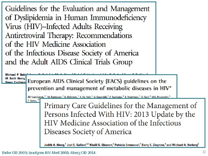 Dube CID 2003; Lundgren HIV Med 2008; Aberg CID 2014. 32 