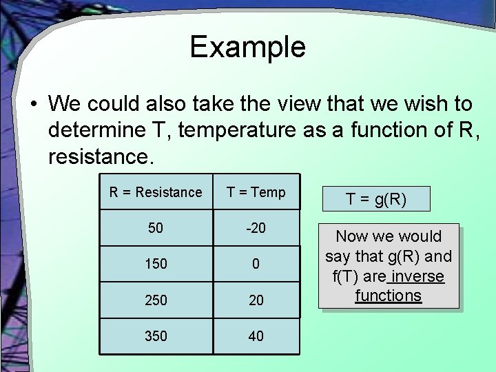 Example • We could also take the view that we wish to determine T,