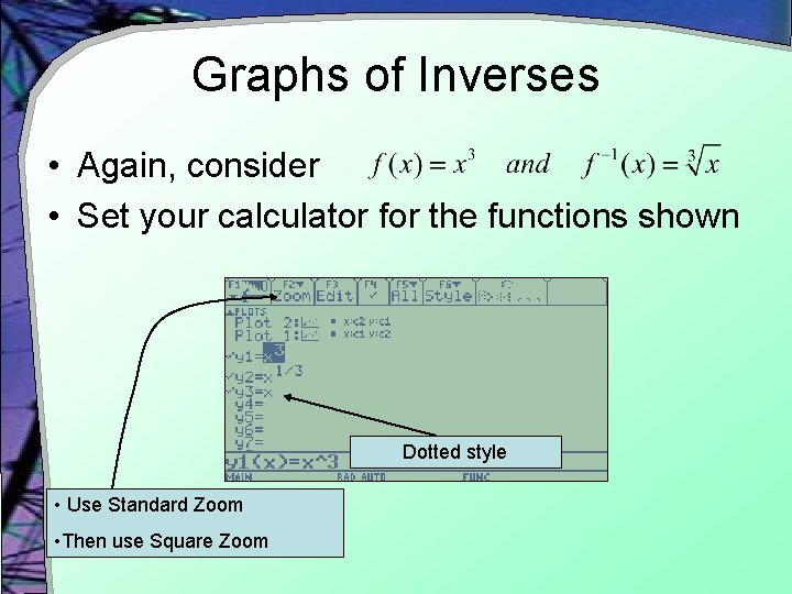 Graphs of Inverses • Again, consider • Set your calculator for the functions shown