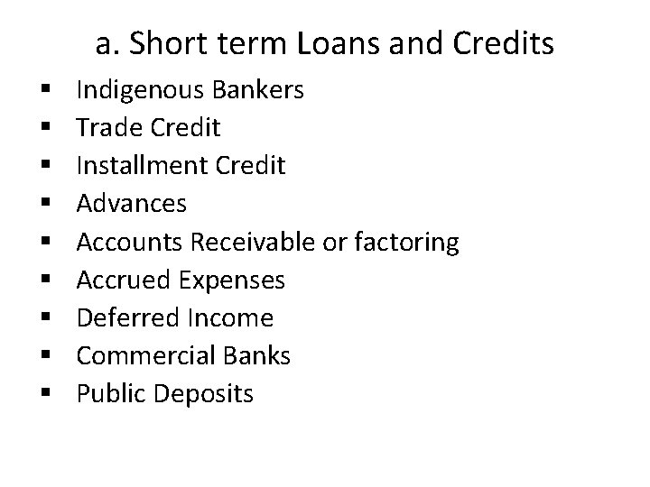 a. Short term Loans and Credits § § § § § Indigenous Bankers Trade