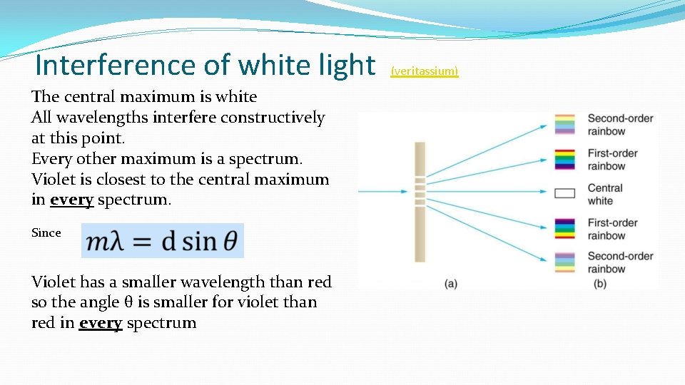 Interference of white light The central maximum is white All wavelengths interfere constructively at Interference of white light The central maximum is white All wavelengths interfere constructively at