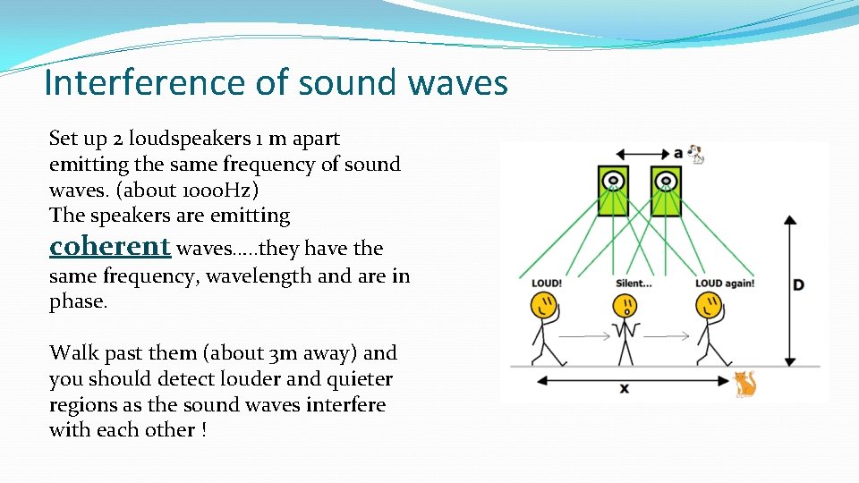 Interference of sound waves Set up 2 loudspeakers 1 m apart emitting the same Interference of sound waves Set up 2 loudspeakers 1 m apart emitting the same