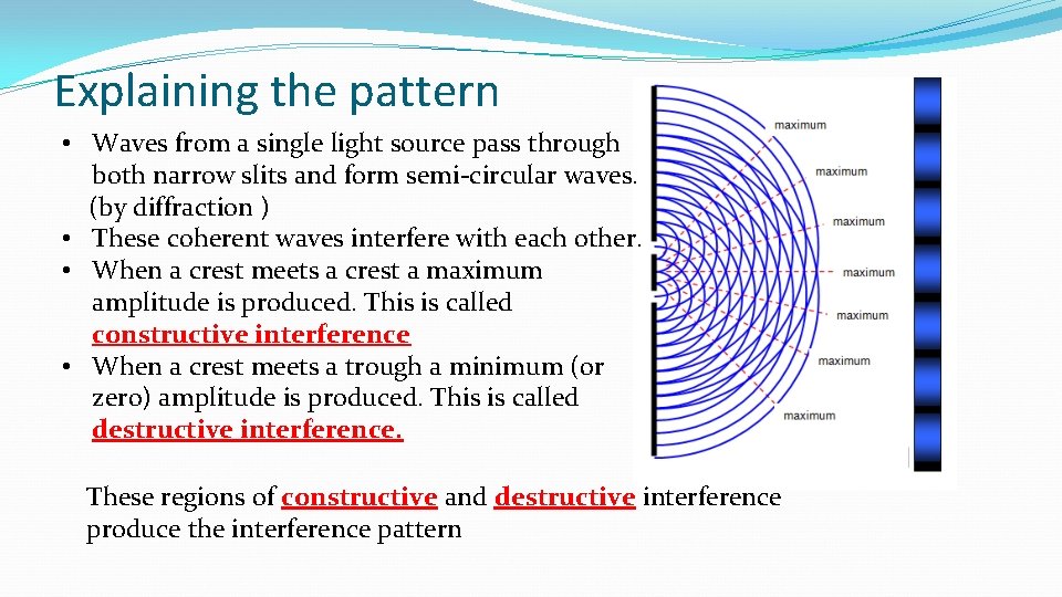 Explaining the pattern • Waves from a single light source pass through both narrow Explaining the pattern • Waves from a single light source pass through both narrow