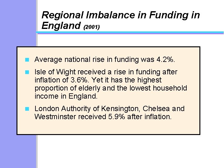 Regional Imbalance in Funding in England (2001) n Average national rise in funding was