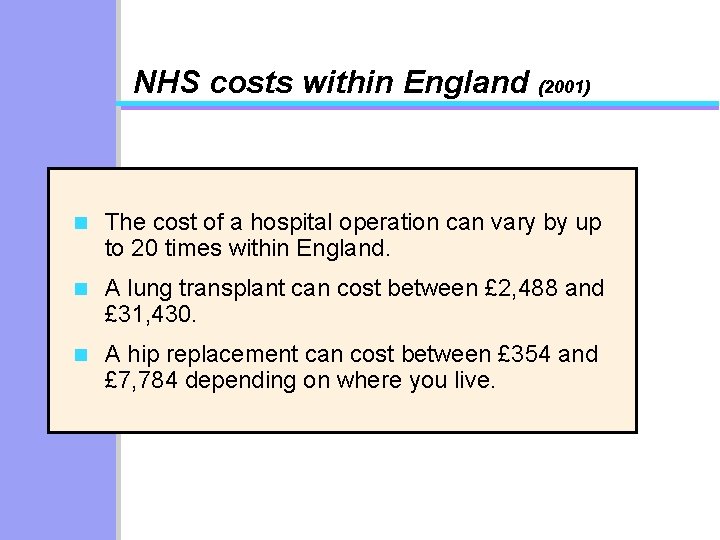 NHS costs within England (2001) n The cost of a hospital operation can vary