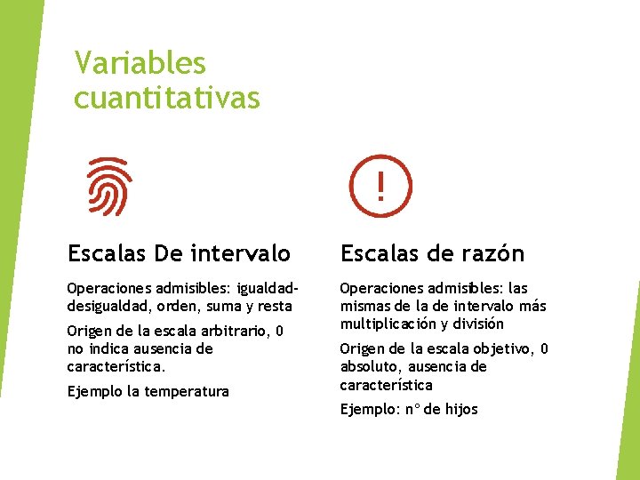 Variables cuantitativas Escalas De intervalo Escalas de razón Operaciones admisibles: igualdaddesigualdad, orden, suma y