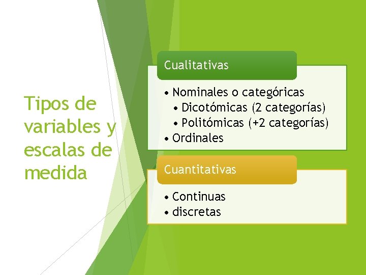 Cualitativas Tipos de variables y escalas de medida • Nominales o categóricas • Dicotómicas