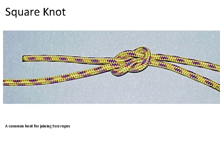 Square Knot A common knot for joining two ropes 