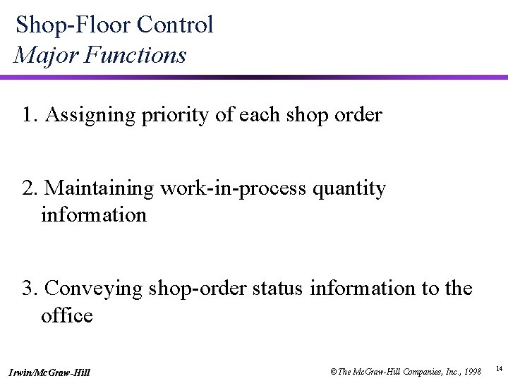 Shop-Floor Control Major Functions 1. Assigning priority of each shop order 2. Maintaining work-in-process