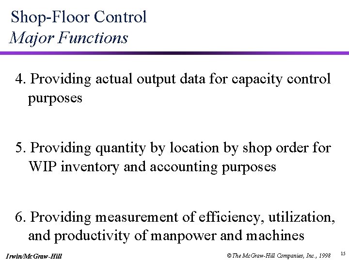 Shop-Floor Control Major Functions 4. Providing actual output data for capacity control purposes 5.