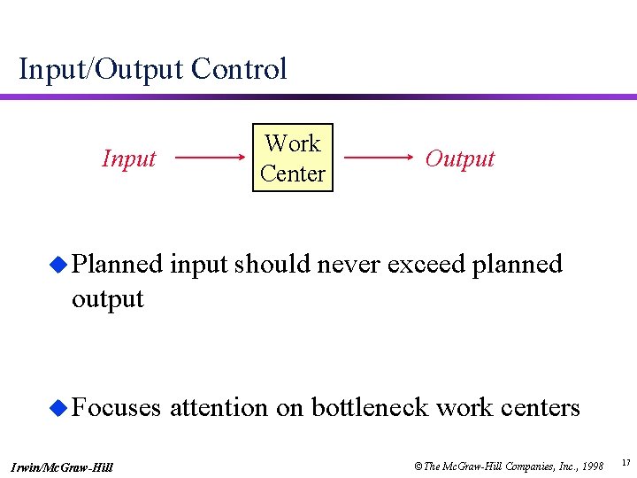 Input/Output Control Input u Planned Work Center Output input should never exceed planned output