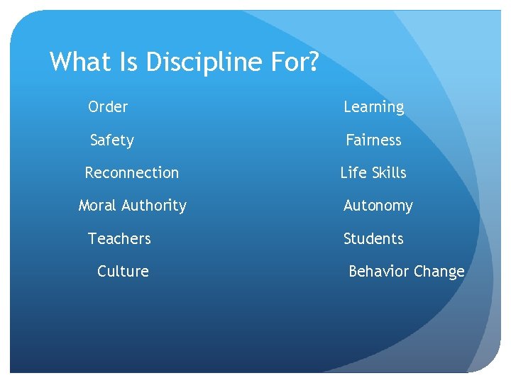 What Is Discipline For? Order Learning Safety Fairness Reconnection Moral Authority Teachers Culture Life