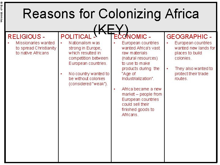 © Brain Wrinkles Reasons for Colonizing Africa (KEY) RELIGIOUS POLITICAL ECONOMIC GEOGRAPHIC • Missionaries