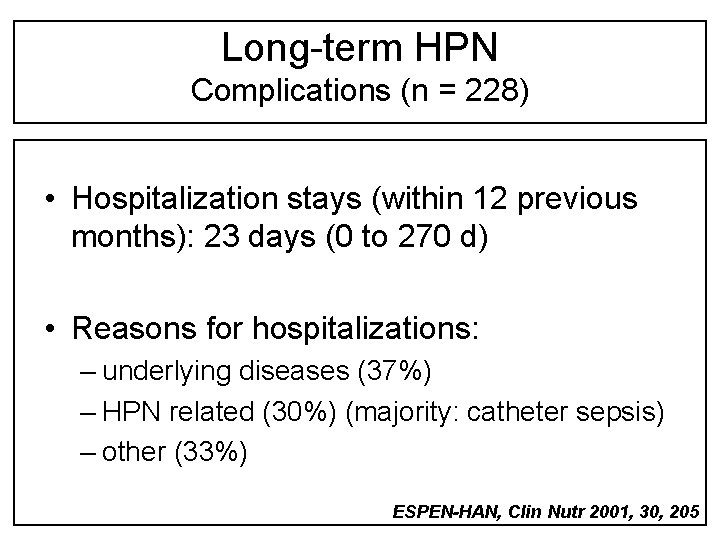 Long-term HPN Complications (n = 228) • Hospitalization stays (within 12 previous months): 23