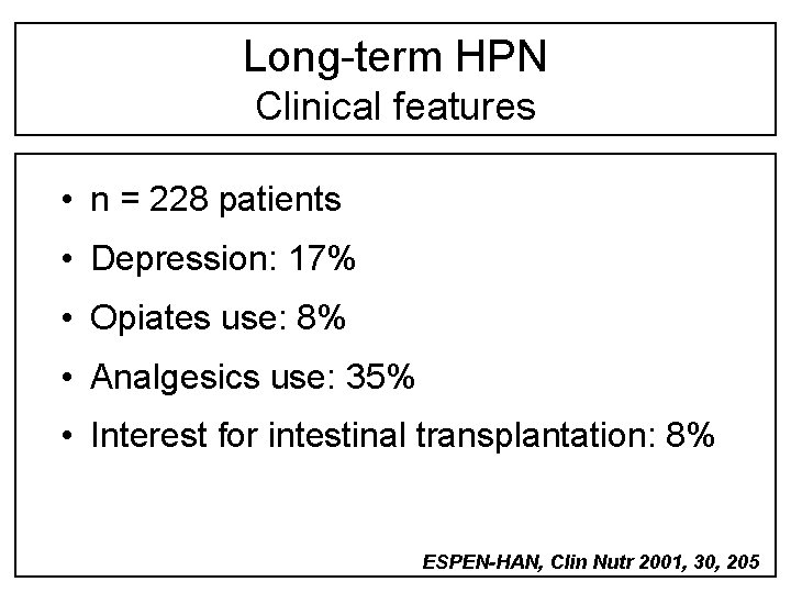 Long-term HPN Clinical features • n = 228 patients • Depression: 17% • Opiates