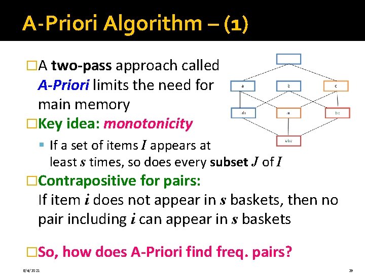 A-Priori Algorithm – (1) �A two-pass approach called A-Priori limits the need for main