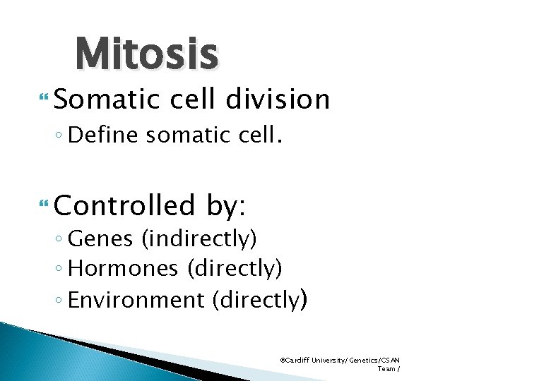 Mitosis Somatic cell division ◦ Define somatic cell. Controlled by: ◦ Genes (indirectly) ◦