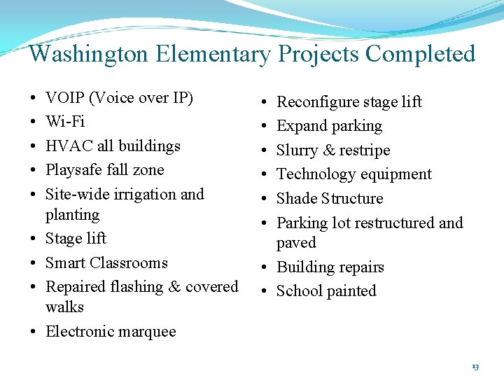 Washington Elementary Projects Completed • • • VOIP (Voice over IP) Wi-Fi HVAC all