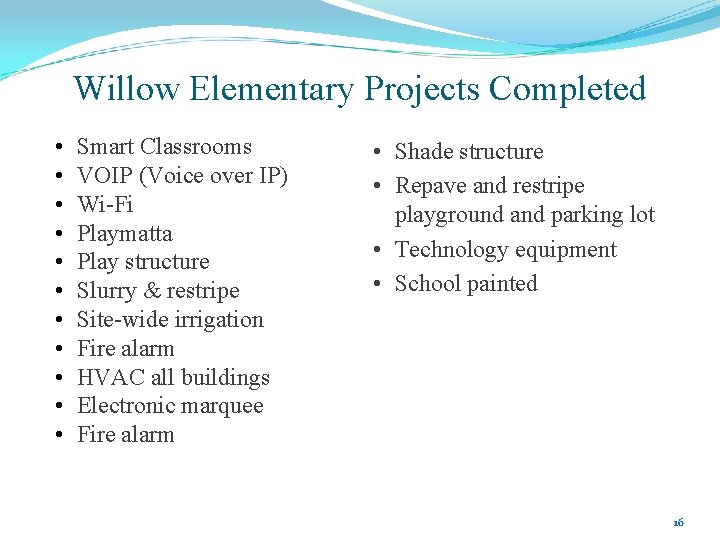 Willow Elementary Projects Completed • • • Smart Classrooms VOIP (Voice over IP) Wi-Fi
