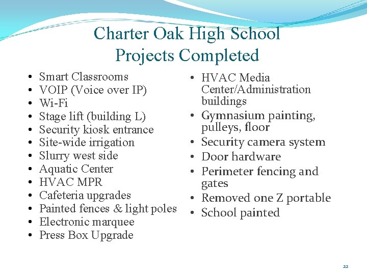 Charter Oak High School Projects Completed • • • • Smart Classrooms VOIP (Voice