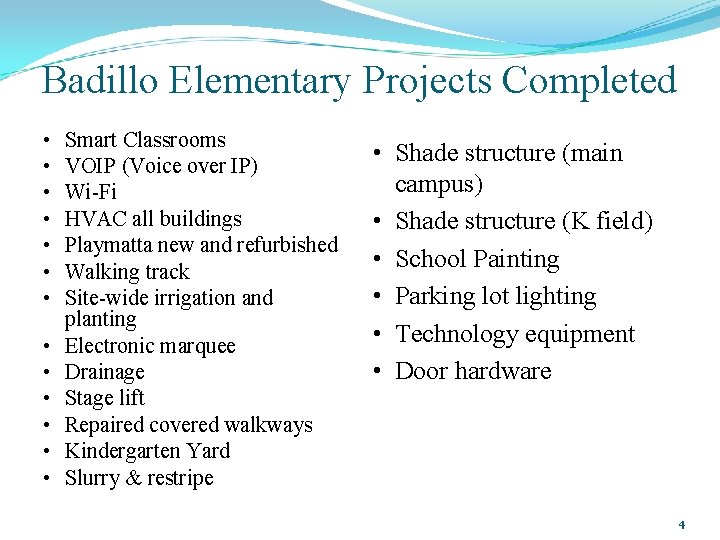 Badillo Elementary Projects Completed • • • • Smart Classrooms VOIP (Voice over IP)