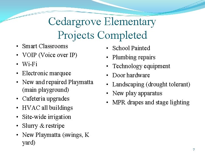 Cedargrove Elementary Projects Completed • • • Smart Classrooms VOIP (Voice over IP) Wi-Fi