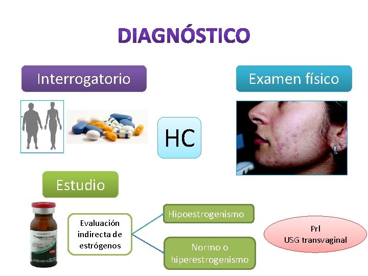 Interrogatorio Examen físico HC Estudio Evaluación indirecta de estrógenos Hipoestrogenismo Normo o hiperestrogenismo Prl