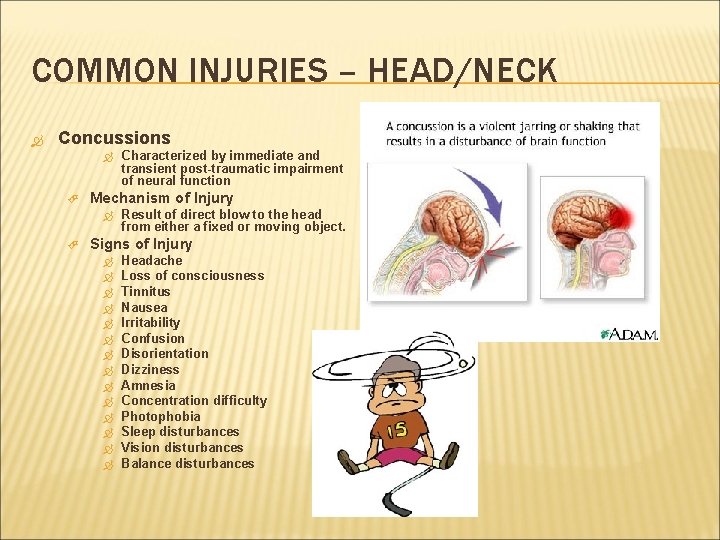 COMMON INJURIES – HEAD/NECK Concussions Mechanism of Injury Characterized by immediate and transient post-traumatic