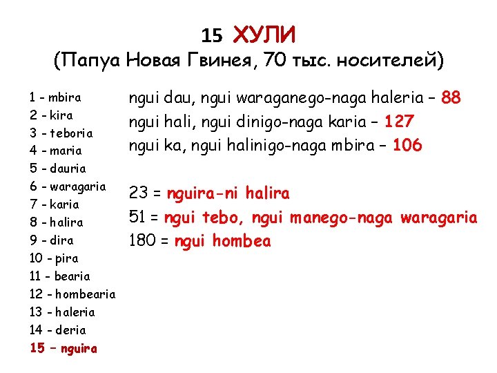 15 ХУЛИ (Папуа Новая Гвинея, 70 тыс. носителей) 1 - mbira 2 - kira