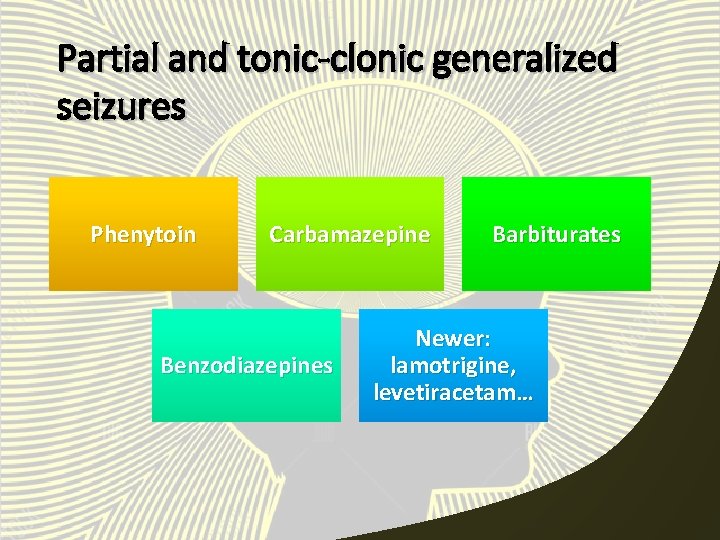 Partial and tonic-clonic generalized seizures Phenytoin Carbamazepine Benzodiazepines Barbiturates Newer: lamotrigine, levetiracetam… 