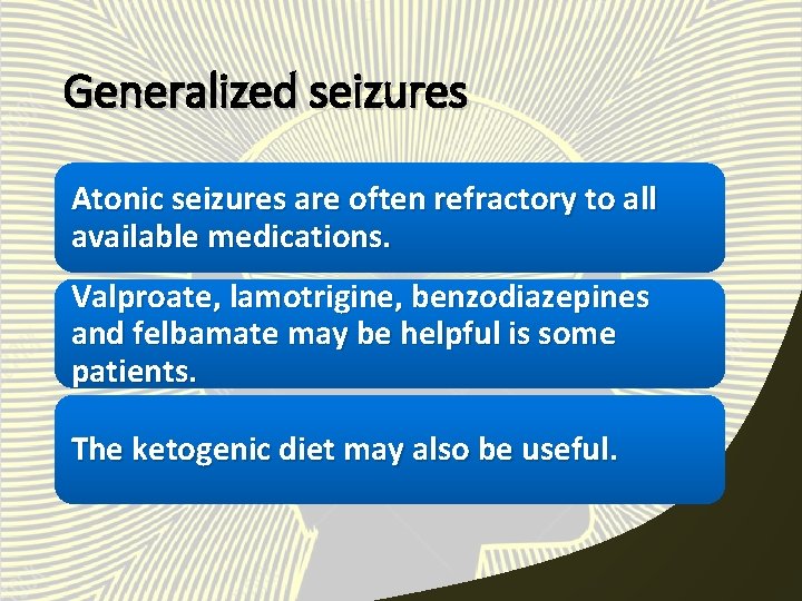 Generalized seizures Atonic seizures are often refractory to all available medications. Valproate, lamotrigine, benzodiazepines