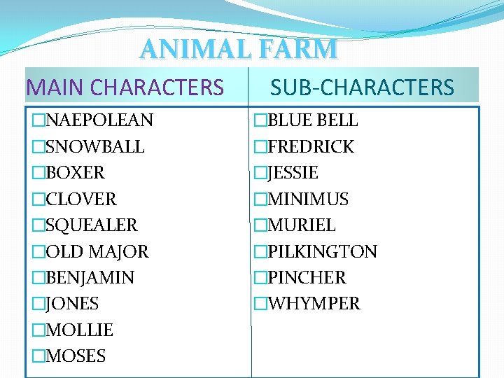 ANIMAL FARM MAIN CHARACTERS �NAEPOLEAN �SNOWBALL �BOXER �CLOVER �SQUEALER �OLD MAJOR �BENJAMIN �JONES �MOLLIE