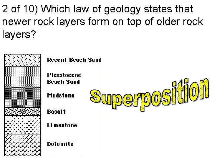 2 of 10) Which law of geology states that newer rock layers form on
