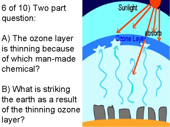 6 of 10) Two part question: A) The ozone layer is thinning because of