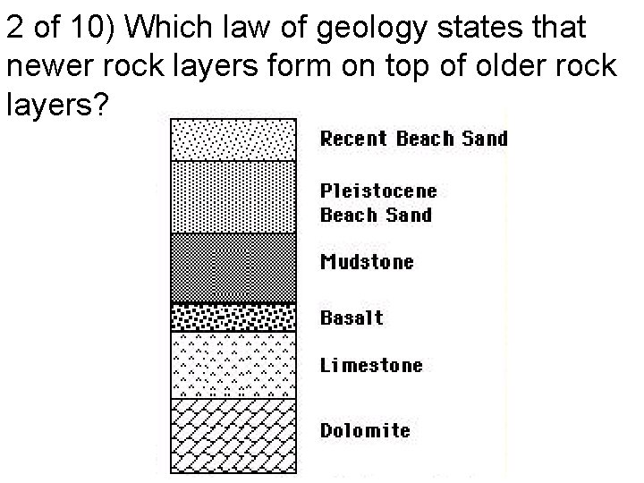 2 of 10) Which law of geology states that newer rock layers form on